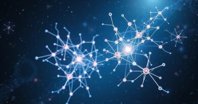 Abstrakcyjne nanostruktury z tlenku niobu, przypominające sieci neuronowe, w kosmicznej scenerii. Symbol układu neuromorficznego zużywającego znikomą ilość energii.