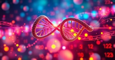 Podwójna helisa DNA i kod przekształcają się w mikroskopijne struktury białek. AI w farmacji.