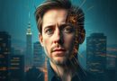 Roztrzaskana twarz Sama Altmana w binarnym kodzie, symbolizująca utratę zaufania, na tle rozpadającego się San Francisco.