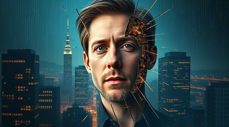 Roztrzaskana twarz Sama Altmana w binarnym kodzie, symbolizująca utratę zaufania, na tle rozpadającego się San Francisco.