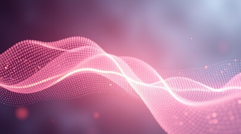 Abstrakcyjna wizualizacja przetwarzania głosu przez AI Edge Eloquent: surowy strumień transformuje się w czystą linię.