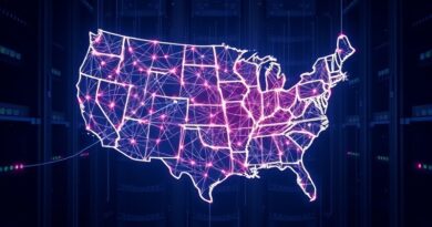 Sieć neuronowa pulsująca energią nad mapą USA symbolizuje potęgę obliczeniową i suwerenność danych.