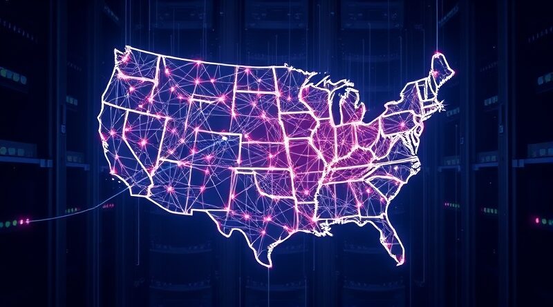 Sieć neuronowa pulsująca energią nad mapą USA symbolizuje potęgę obliczeniową i suwerenność danych.