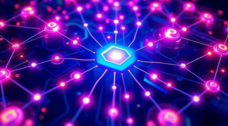 Abstrakcyjna sieć superkomputera z dominującym węzłem, symbolizująca kontrolę Nvidii nad mocą obliczeniową AI.