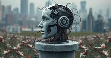 Rozbita głowa robota z wystającymi kablami na piedestale wśród zwiędłych, cyfrowych kwiatów. Tło: upadłe miasto.