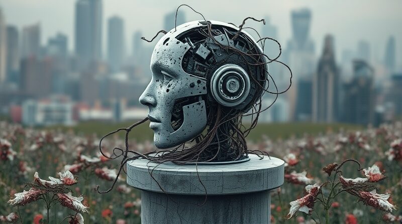 Rozbita głowa robota z wystającymi kablami na piedestale wśród zwiędłych, cyfrowych kwiatów. Tło: upadłe miasto.