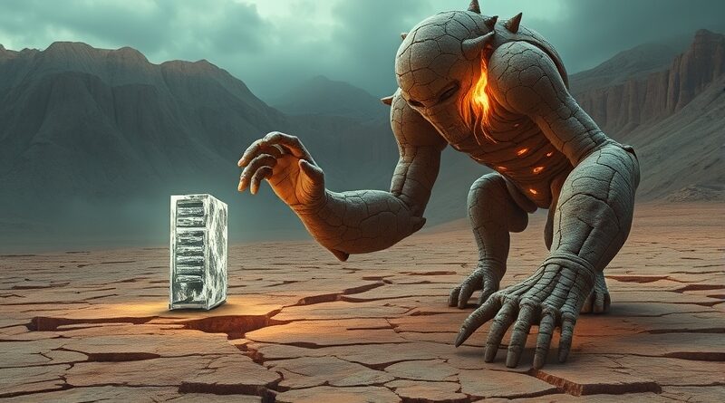 Spękany golem z gliny sięga po niedostępny, świetlisty serwer na tle spalonej ziemi.