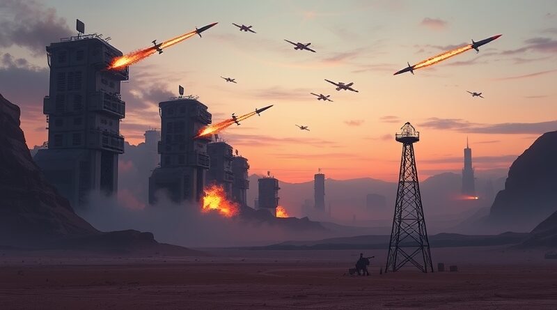 Surrealistyczny pustynny krajobraz, serwerowe „skały” pod ostrzałem rakietowym, na pierwszym planie naftowa wieża.