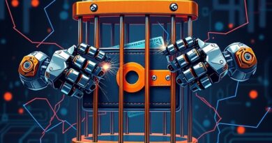 Cyfrowy portfel w klatce okładany nunchaku przez robotyczne ramiona. Ograniczenie autonomii AI i bezpieczeństwo kryptowalut.