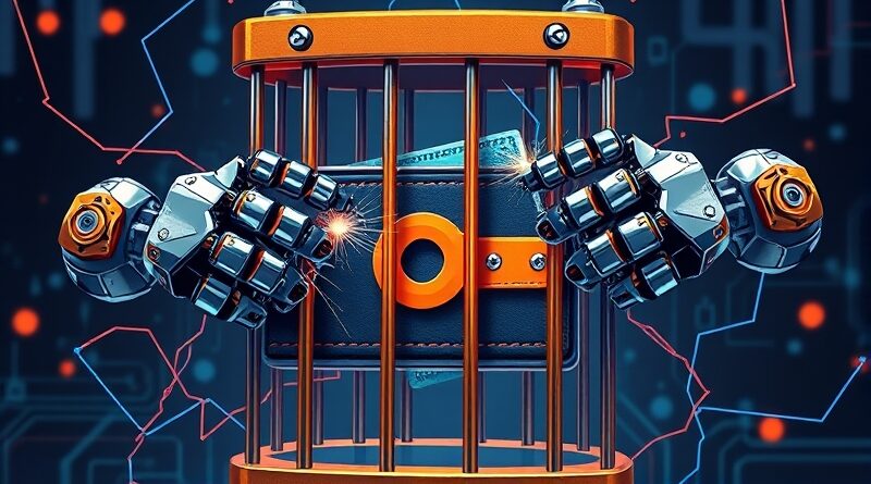 Cyfrowy portfel w klatce okładany nunchaku przez robotyczne ramiona. Ograniczenie autonomii AI i bezpieczeństwo kryptowalut.