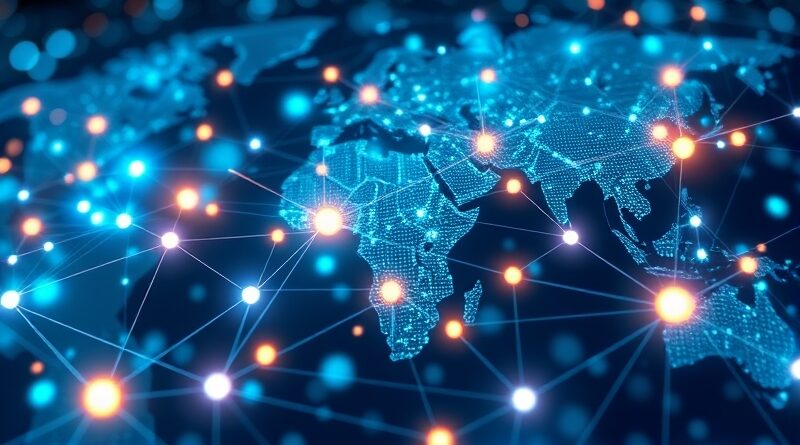 Futurystyczna sieć łańcuchów dostaw, automatyzacja i AI w globalnej logistyce.