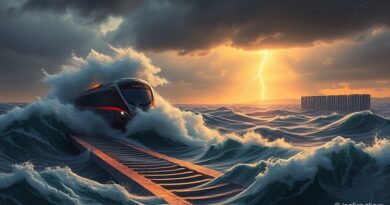 Krzemowy chip Trainium przedziera się przez burzliwe morze, serwerownie na horyzoncie. Metafora ofensywy Amazona.