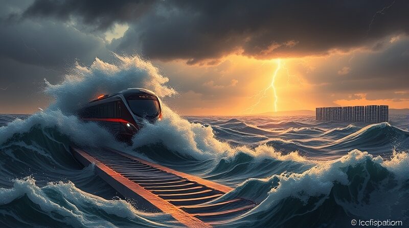 Krzemowy chip Trainium przedziera się przez burzliwe morze, serwerownie na horyzoncie. Metafora ofensywy Amazona.