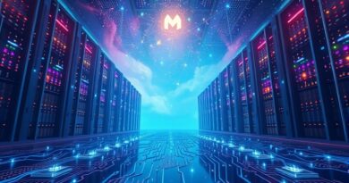 Futurystyczny krajobraz centrów danych Meta z logo firmy w gwiazdach i korzeniami z obwodów drukowanych.