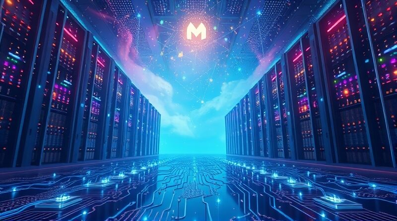 Futurystyczny krajobraz centrów danych Meta z logo firmy w gwiazdach i korzeniami z obwodów drukowanych.