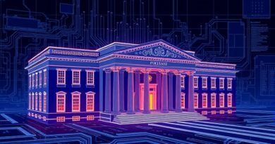 Procesor CPU z podświetlonymi ścieżkami nałożony na plan neoklasycznego budynku. Futurystyczny renesans obliczeń.