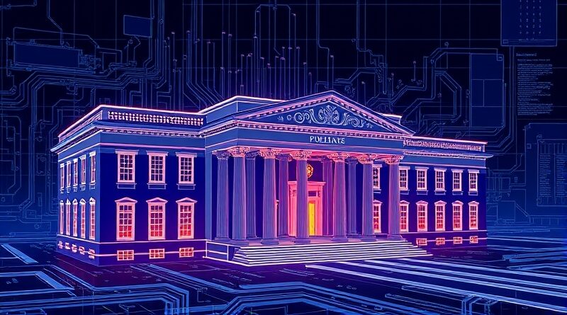 Procesor CPU z podświetlonymi ścieżkami nałożony na plan neoklasycznego budynku. Futurystyczny renesans obliczeń.