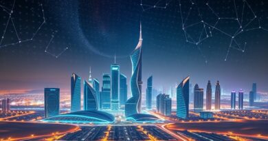 Futurystyczna panorama Rijadu: algorytmy na pustyni, wieżowce z AI, konstelacje-sieci neuronowe. Arabia stawia na sztuczną inteligencję.