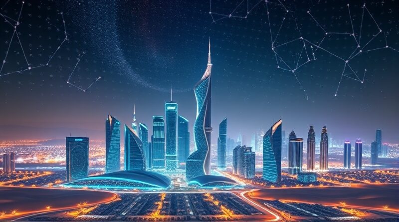 Futurystyczna panorama Rijadu: algorytmy na pustyni, wieżowce z AI, konstelacje-sieci neuronowe. Arabia stawia na sztuczną inteligencję.