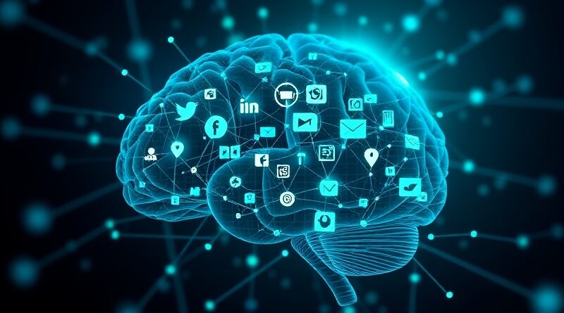 Abstrakcyjny mózg z sieci neuronowej i ikon mediów społecznościowych w barwach Meta, z wpływami art nouveau.