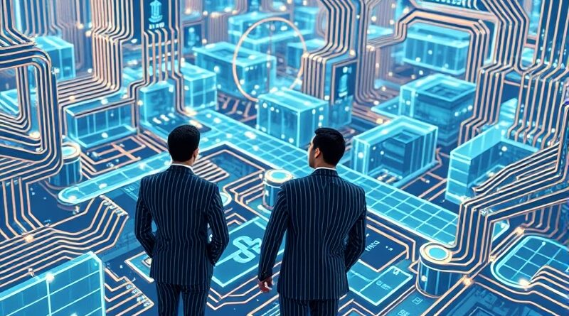 Abstrakcyjna architektura finansowa AI: obwody, księgi cyfrowe, hologramy nadzorujące algorytmy ryzyka.