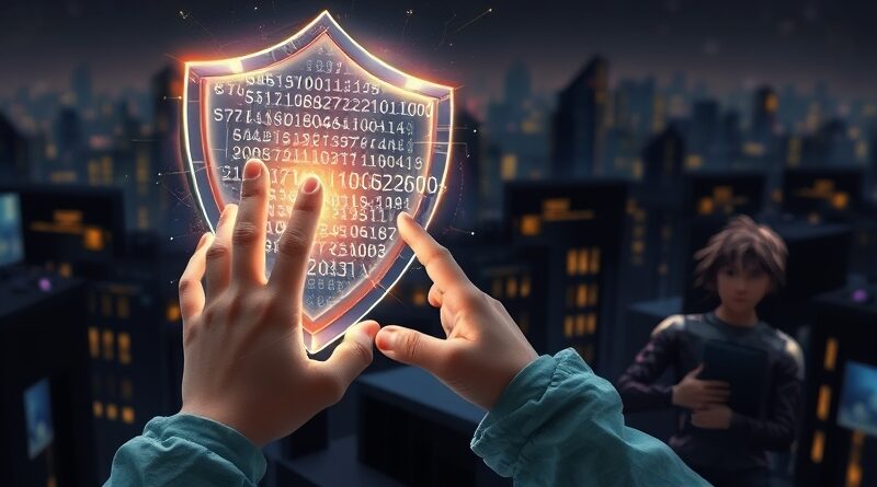 Dłoń dziecka sięga po ochronną tarczę z kodu na tle futurystycznego miasta.