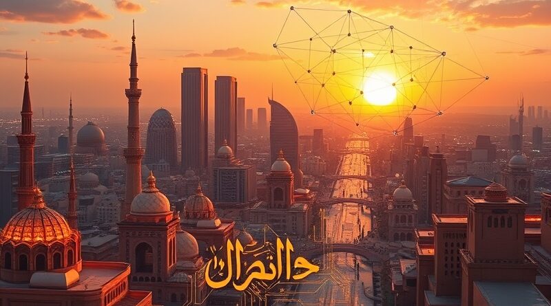 Futurystyczny Bliski Wschód: AI, tradycja i technologia w odcieniach pustynnego zachodu słońca.