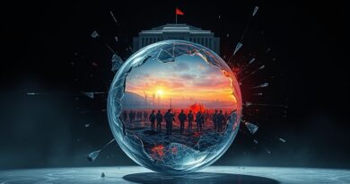 Roztrzaskana szklana kula z bitwą AI: etyka kontra Pentagon w cieniu kodu.