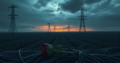 Melancholijny krajobraz farm serwerów w zmierzchu, zwiędła róża symbolizuje porzucony projekt OpenAI w Wielkiej Brytanii.