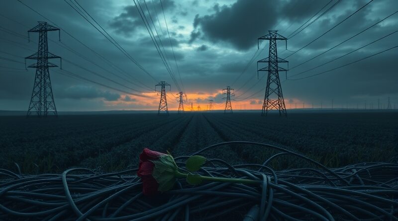 Melancholijny krajobraz farm serwerów w zmierzchu, zwiędła róża symbolizuje porzucony projekt OpenAI w Wielkiej Brytanii.