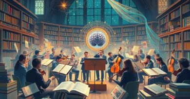 Surrealistyczna orkiestra pisząca prace naukowe: manuskrypty, dane, i mózg AI dyrygujący wiedzą.