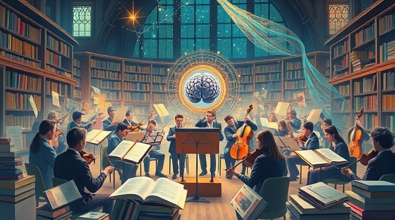 Surrealistyczna orkiestra pisząca prace naukowe: manuskrypty, dane, i mózg AI dyrygujący wiedzą.