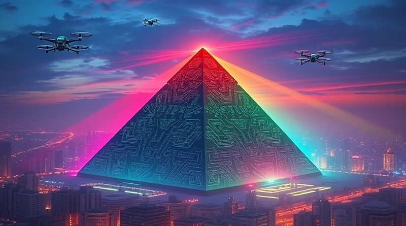Futurystyczna piramida z obwodami w neonowym Kairze, emitująca kolorowe światła. Drony na niebie. Cyberpunkowy Egipt.