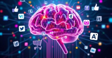 Abstrakcyjny mózg cyfrowy łączy się z koszykami i mediami społecznościowymi. Futurystyczna wizja handlu opartego na AI.