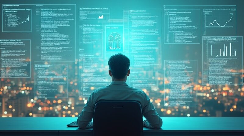 Developer nadzoruje pracę autonomicznych agentów kodujących w futurystycznym centrum dowodzenia Claude Code. Holograficzne panele, spokojna atmosfera.