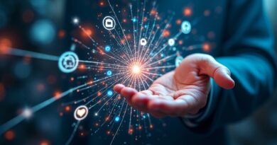 Futurystyczna sieć neuronowa Androida z aplikacjami, holograficznymi kontrolami i proaktywną inteligencją Gemini Intelligence.