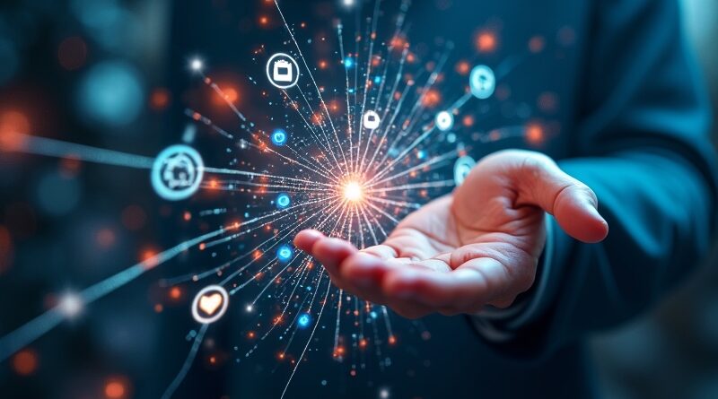 Futurystyczna sieć neuronowa Androida z aplikacjami, holograficznymi kontrolami i proaktywną inteligencją Gemini Intelligence.
