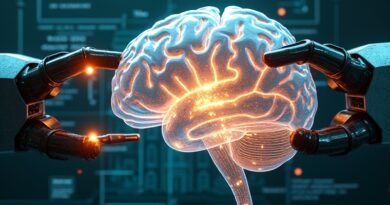 Krystaliczny mózg analizowany przez robotyczne ramiona na tle planów Białego Domu i kodu AI.
