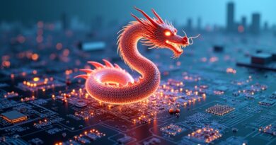 Stylizowany, cyfrowy smok (ByteDance) chroni miasto obwodów drukowanych, symbolizując uniezależnienie się od zachodnich technologii AI.