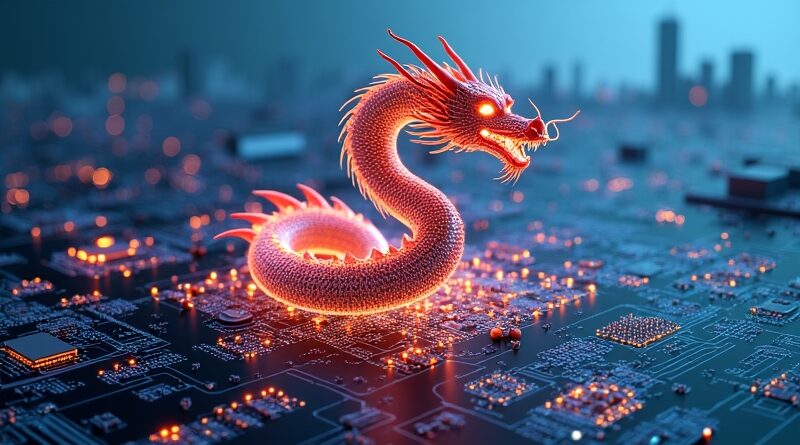 Stylizowany, cyfrowy smok (ByteDance) chroni miasto obwodów drukowanych, symbolizując uniezależnienie się od zachodnich technologii AI.