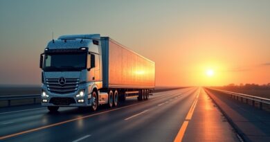 Sylwetka nowoczesnej ciężarówki połączona z geometryczną strukturą danych na tle autostrady i wschodu słońca.