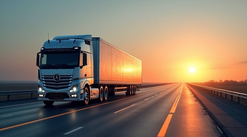 Sylwetka nowoczesnej ciężarówki połączona z geometryczną strukturą danych na tle autostrady i wschodu słońca.