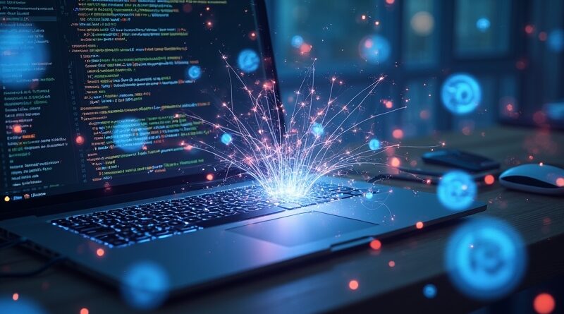Abstrakcyjne połączenie pulpitu programisty i świadomości AI. Kod, UI, sieci neuronowe i integracja.