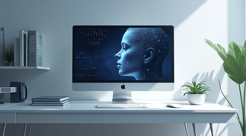 Minimalistyczne biurko z futurystycznym monitorem, wyświetlającym twarz AI połączoną z kalendarzem i skrzynką odbiorczą. Autonomiczny Asystent Google Gemini.