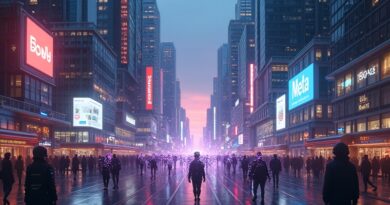 Futurystyczna metropolia z neonami Google i Meta, agenci AI w centrum wyścigu technologicznego.