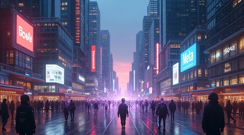 Futurystyczna metropolia z neonami Google i Meta, agenci AI w centrum wyścigu technologicznego.