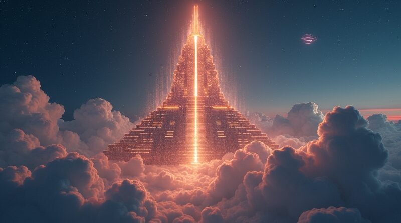 Futurystyczny serwerownia-świątynia oświetlona promieniami satelity SpaceX. Kod binarny i atmosfera sci-fi.