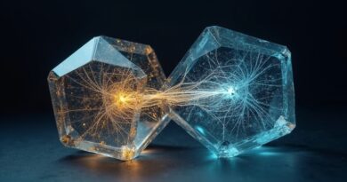 Dwie krystaliczne struktury przenikające się na ciemnym tle, symbolizujące fuzję technologiczną i strategiczny rozwój AI.