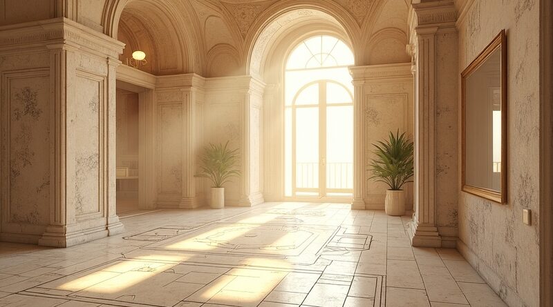 Szkic architektoniczny ożywa w fotorealistyczne, jasne wnętrze. DaVinci spotyka CGI.