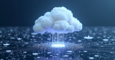 Chmura cyfrowa nad płytą główną, symbolizująca prostotę i dostępność infrastruktury serwerowej Manus Cloud Computer.
